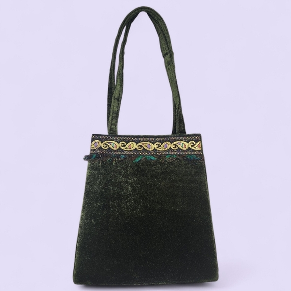 JR Comeco Handbags - Vintage 60s Emerald Velvet Mini Bag Paisley Fringe Trim Jewel Tone Trapeze Purse